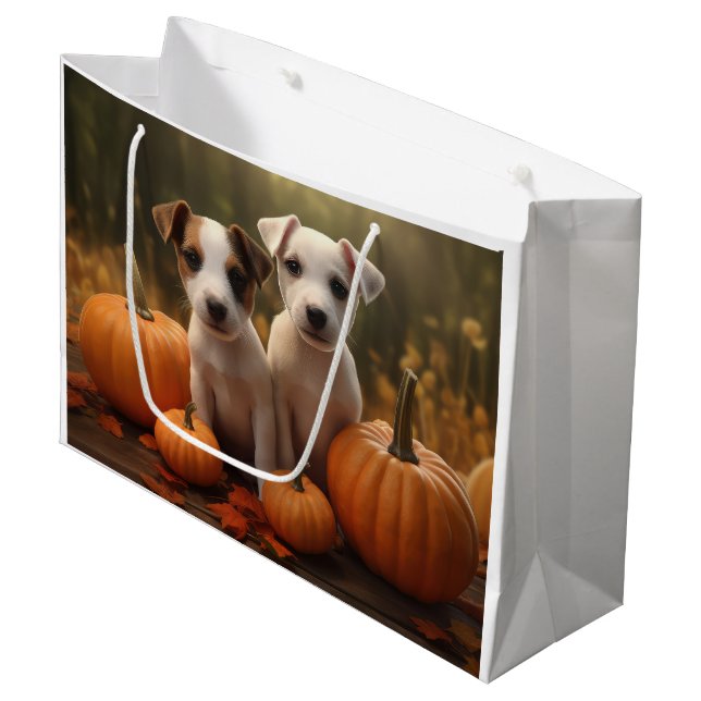 Sacola Para Presentes Grande Jack Russell Puppy Autumn Delight Pumpkin (Frente inclinada)