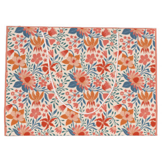 Sacola Para Presentes Grande Jardim Coral e Turquesa Floresce em Bege Suave