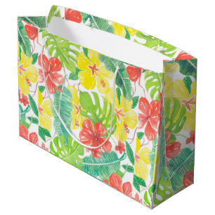 Sacola Para Presentes Grande Jardim tropical, hibiscus plumeria e palmeiras
