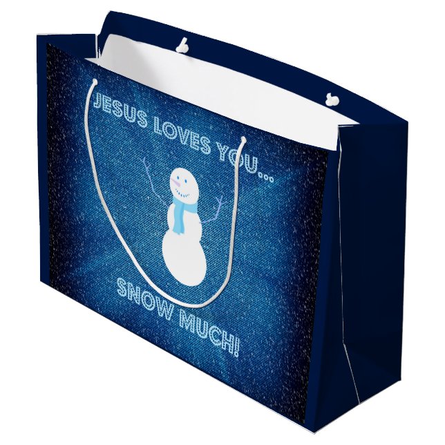 Sacola Para Presentes Grande Jesus Te Ama Muito Neve! Christian Snowman Blue (Verso inclinado)
