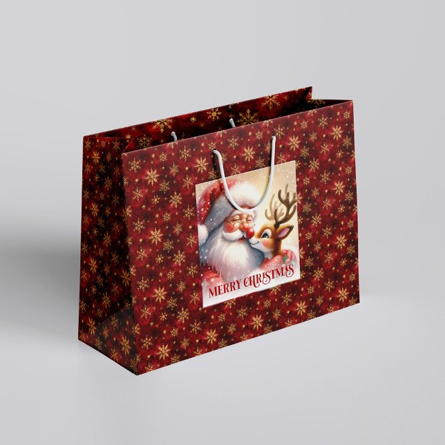 Sacola Para Presentes Grande Joyful Holiday Santa Claus Rudolph Gift Bag (Joyful Holiday Santa Claus Rudolph Gift Bag)
