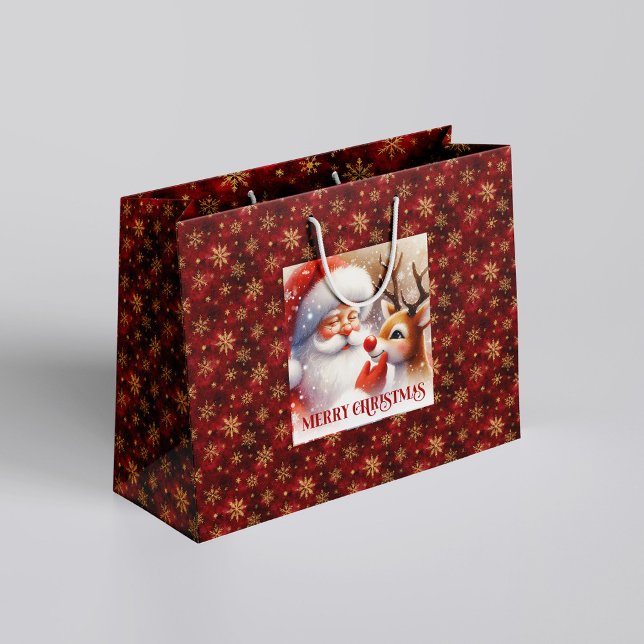 Sacola Para Presentes Grande Joyful Santa and Rudolph Christmas Cartoon Gifting (Joyful Santa and Rudolph Christmas Cartoon Gift Bag)