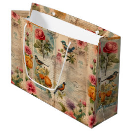 Sacola Para Presentes Grande Junk Journal Seite mit Blumen + Vögel -