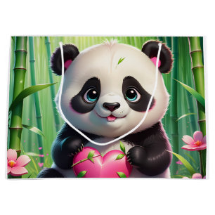 Sacola Para Presentes Grande Kawaii Panda Segurando Coração em uma Floresta de 