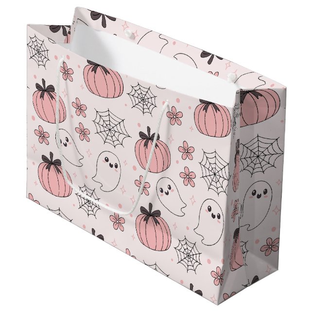 Sacola Para Presentes Grande Kawaii Pink Halloween Fantasmas e Pumpkins (Frente inclinada)