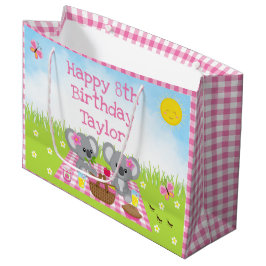 Sacola Para Presentes Grande Koala Bears Picnic Pink Gingham Feliz Aniversário