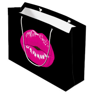 Sacola Para Presentes Grande Lábios brilhantes rosa-quente em preto