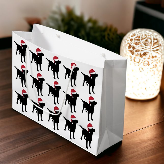 Sacola Para Presentes Grande Labrador Retriever Black Em Red Santa Hat (Labrador Retriever Black In Red Santa Hat Large Gift Bag from Ricaso)