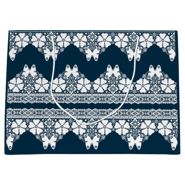 Sacola Para Presentes Grande Lace branco retrô com borboletas em azul escuro b (Frente)