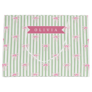 Sacola Para Presentes Grande Laço Rosa Personalizado com Listra Verde Coquette
