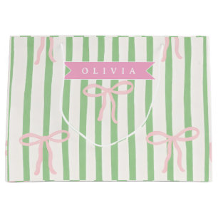 Sacola Para Presentes Grande Laço Verde Listrado Coquete e Feminino Personaliza