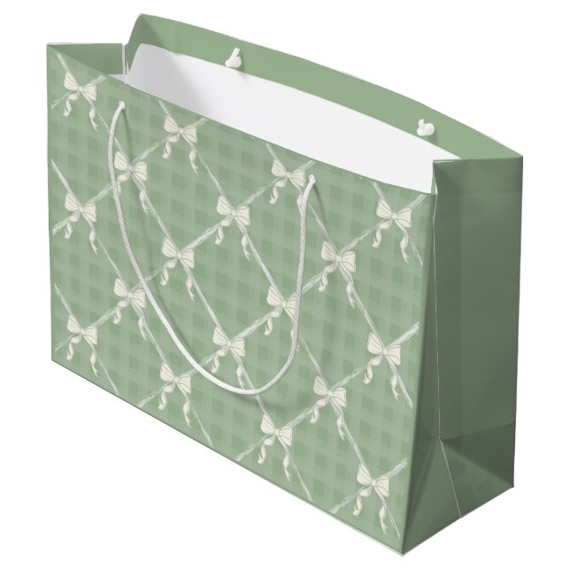 Sacola Para Presentes Grande Laços Coquette com Padrão Xadrez Creme Verde Sálvi (Verso inclinado)