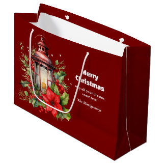 Sacola Para Presentes Grande Lanterna de Natal Vermelho Poinsettia e Pinheiro