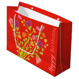 Sacola Para Presentes Grande Laranja Vermelho Flor Feliz Aniversário Gift Bag