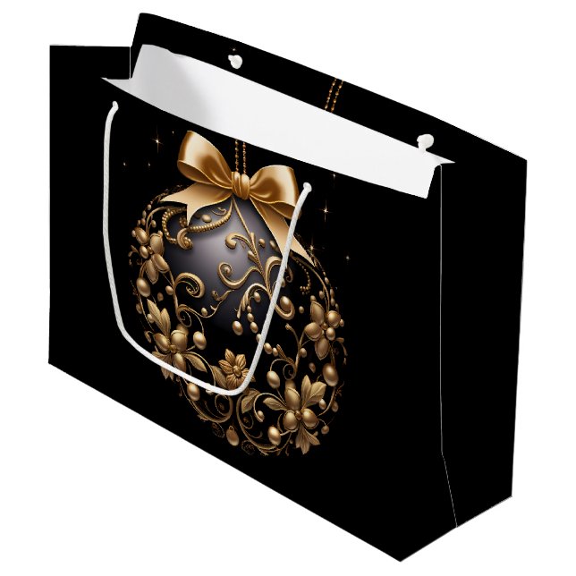 SACOLA PARA PRESENTES GRANDE LARGE BLACK & GOLD CHRISTMAS ORNAMENT (Frente inclinada)