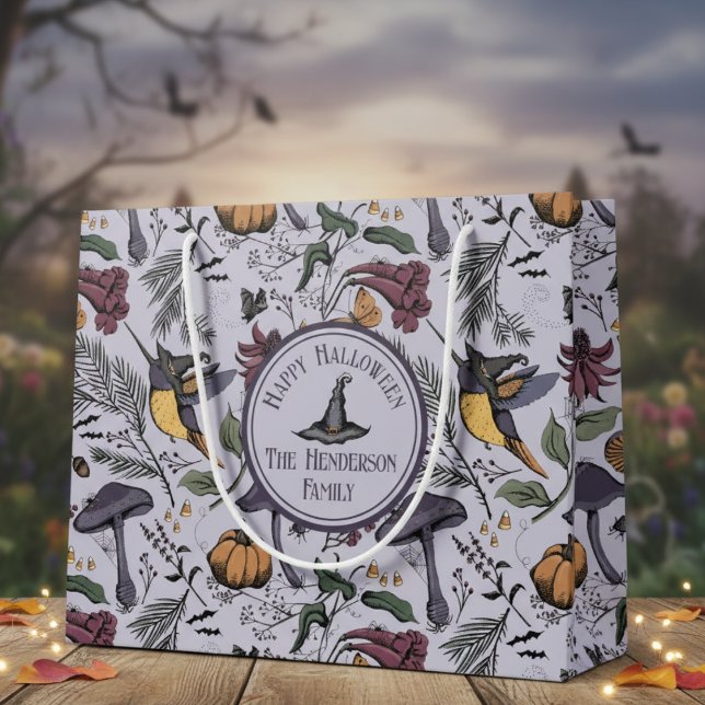 Sacola Para Presentes Grande Lavanda Spooky Halloween Hummingbird Garden (Spooky Happy Halloween Hummingbird Witch Floral Pattern. Autumn Flowers and Fall Leaves for October)