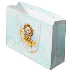 Sacola Para Presentes Grande Leão de Cuta que pesca na Aquarela da Lua