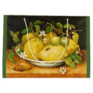 SACOLA PARA PRESENTES GRANDE LEMÕES FRUTAS DA SEASON E FLORES BRANCOS
