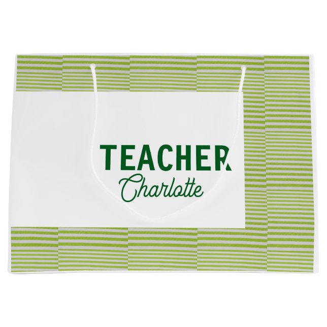 Sacola Para Presentes Grande Lemon green white stripes teacher professor name c (Frente)