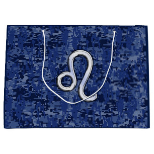 Sacola Para Presentes Grande Leo Zodiac Símbolo da Camuflagem Digital Azul Mari
