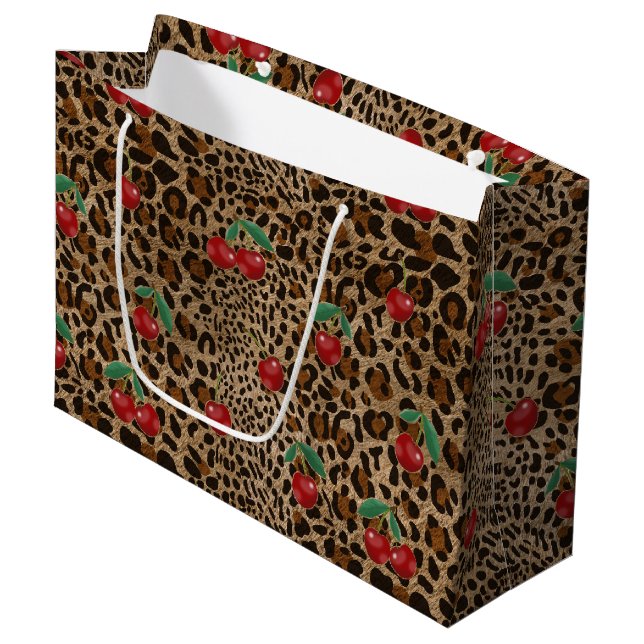 Sacola Para Presentes Grande Leopard Cheetah Animal Print Red Cherry Pattern (Frente inclinada)