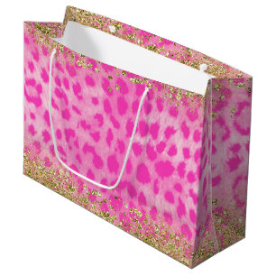 Sacola Para Presentes Grande Leopardo Rosa Guepardo Animal Dourado Brilho Moder