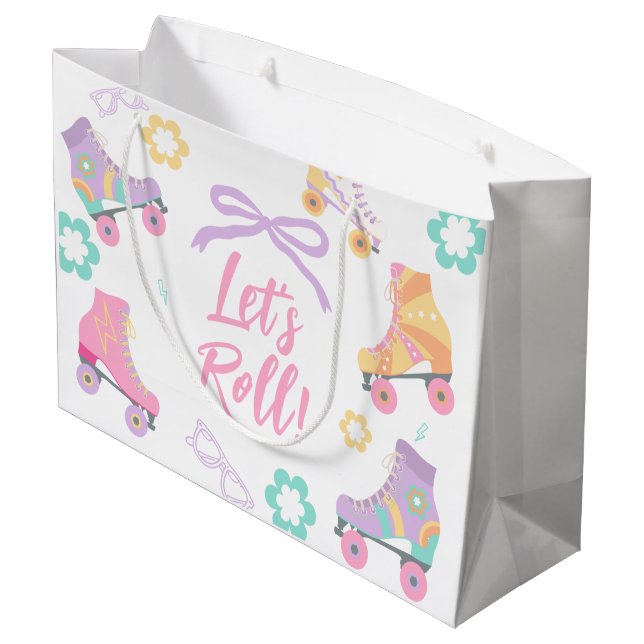 Sacola Para Presentes Grande Lets Roll Roller Skate Retro Girl Birthday Pastel (Verso inclinado)