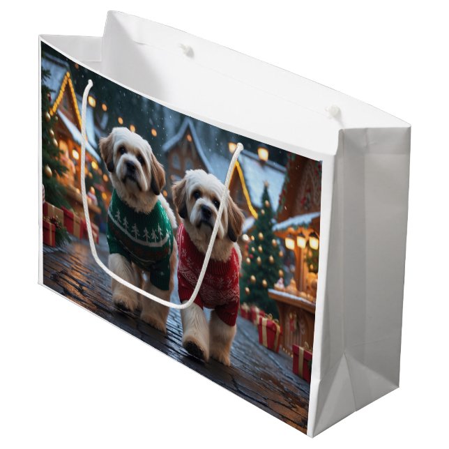 Sacola Para Presentes Grande Lhasa Apso Dogs Christmas Snow Holiday (Frente inclinada)