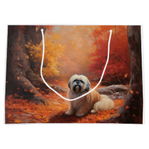 Sacola Para Presentes Grande Lhasa Apso no outono Folhas caem inspiração