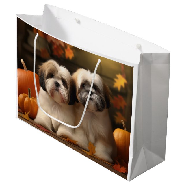 Sacola Para Presentes Grande Lhasa Apso Puppy Autumn Delight Pumpkin (Frente inclinada)