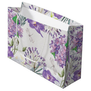 Sacola Para Presentes Grande Libélula roxa dos Hydrangeas das violetas da