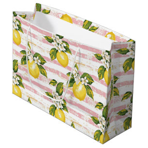 Sacola Para Presentes Grande Limões Vintage e Blooms em Strips Rosa e Branca