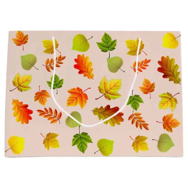 Sacola Para Presentes Grande Lindas Folhas de outono em bege (Frente)