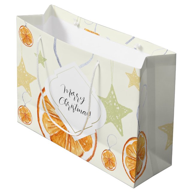 Sacola Para Presentes Grande Lindo Feriado Laranja e Estrelas em Bege (Frente inclinada)