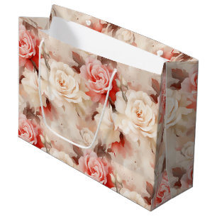 Sacola Para Presentes Grande Lindo Rosa Bege Creme Rosa Floral Chá de Noiva
