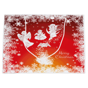 Sacola Para Presentes Grande Lindos Anjos de Natal Voadores-Brancos-Neve Vermel