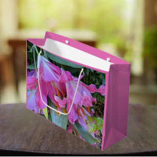 Sacola Para Presentes Grande Lindos Lírios Rosa Floral