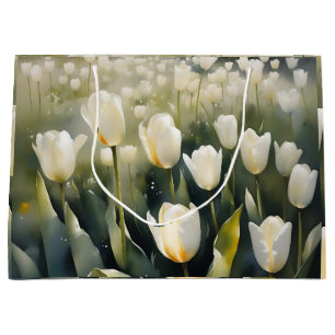 Sacola Para Presentes Grande Lindos tulipas brancas jardim pintura aquarela