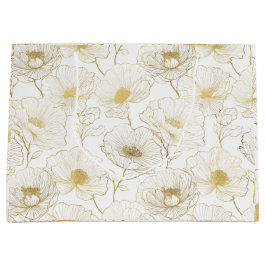 Sacola Para Presentes Grande Linha de Flores Brancas Florais Chic Dourado