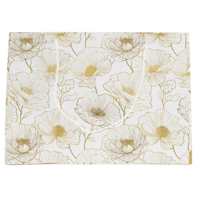 Sacola Para Presentes Grande Linha de Flores Brancas Florais Chic Dourado (Frente)