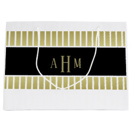 Sacola Para Presentes Grande Listra de Monograma Preto Dourado Branco