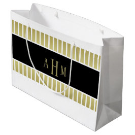 Sacola Para Presentes Grande Listra de Monograma Preto Dourado Branco