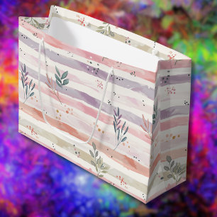 Sacola Para Presentes Grande Listras de Aquarela Pastel Vintage Folhas