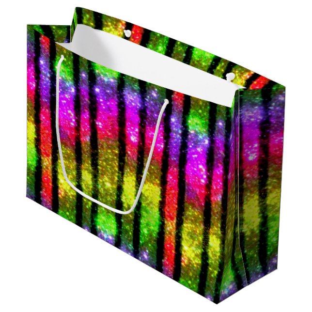 Sacola Para Presentes Grande Listras de Brilho Arco-Íris Neon (Frente inclinada)