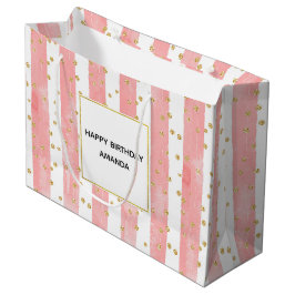 Sacola Para Presentes Grande Listras de Lâmpada Rosa | Faux Dourado Confetti Bi