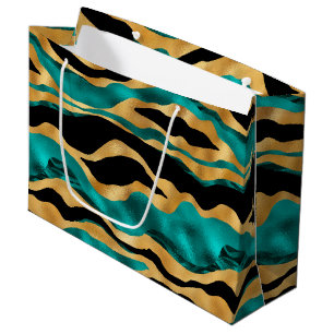 Sacola Para Presentes Grande Listras de Tigre em Dourado e Turquesa Animal Ab