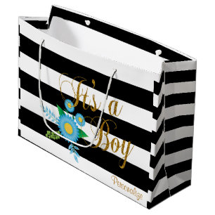 Sacola Para Presentes Grande Listras preto e branco elegantes com floral azul