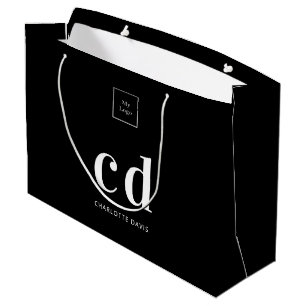 Sacola Para Presentes Grande Logotipo das iniciais do monograma branco preto co
