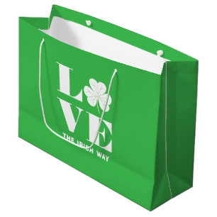 Sacola Para Presentes Grande Love Shamrock Clover Irish Green White Text