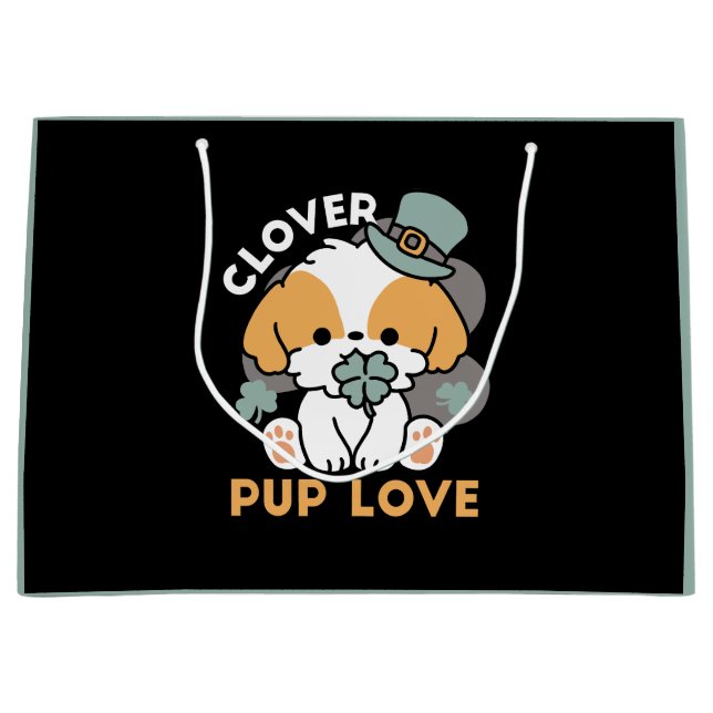 Sacola Para Presentes Grande Lucky Pup com Clover - Rua. Presente no Dia de Pat (Frente)